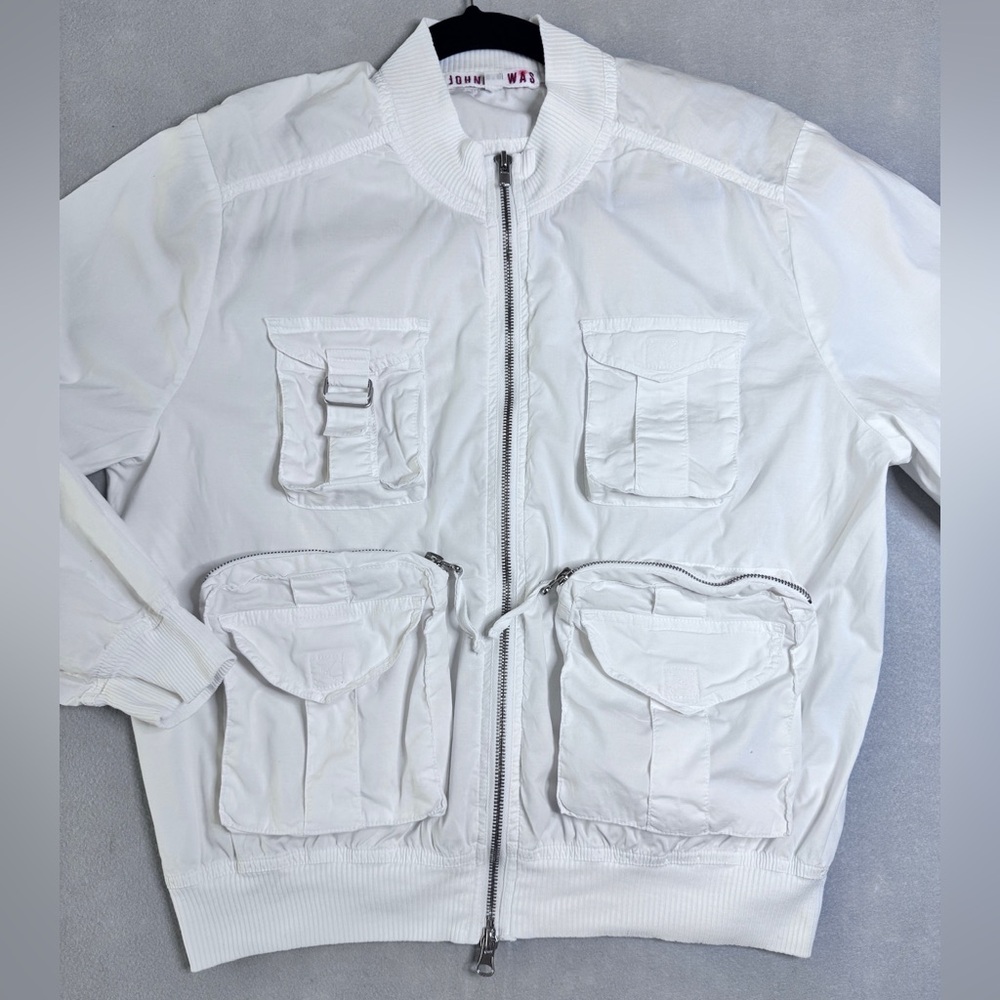 Johnny Was White Utility Bomber Jacket Size M Military Cargo Pocket Zip Front